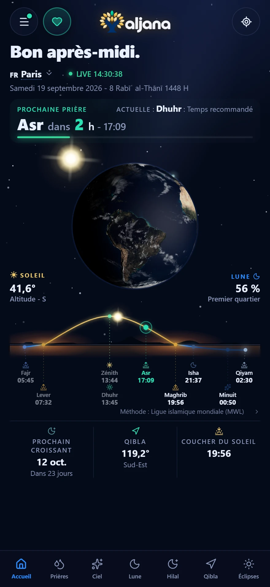 Écran Accueil : prochaine prière, Soleil, Terre et Lune en direct, courbe du jour