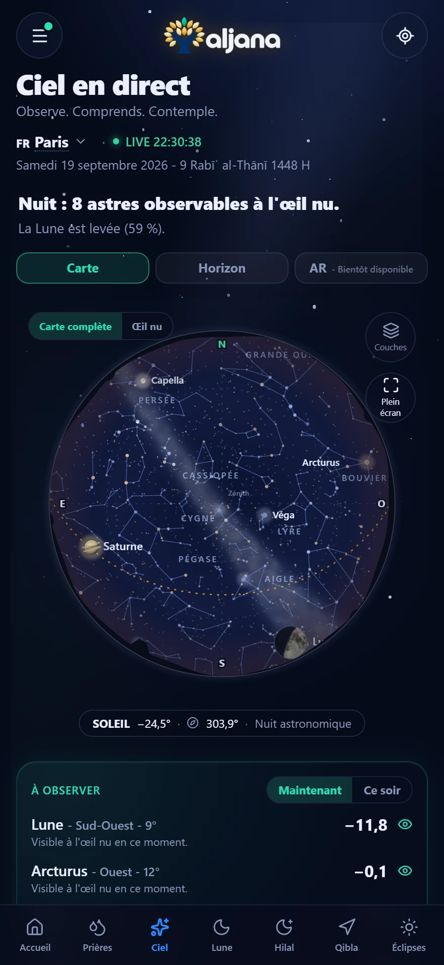 Écran Ciel : carte complète du ciel au-dessus de vous