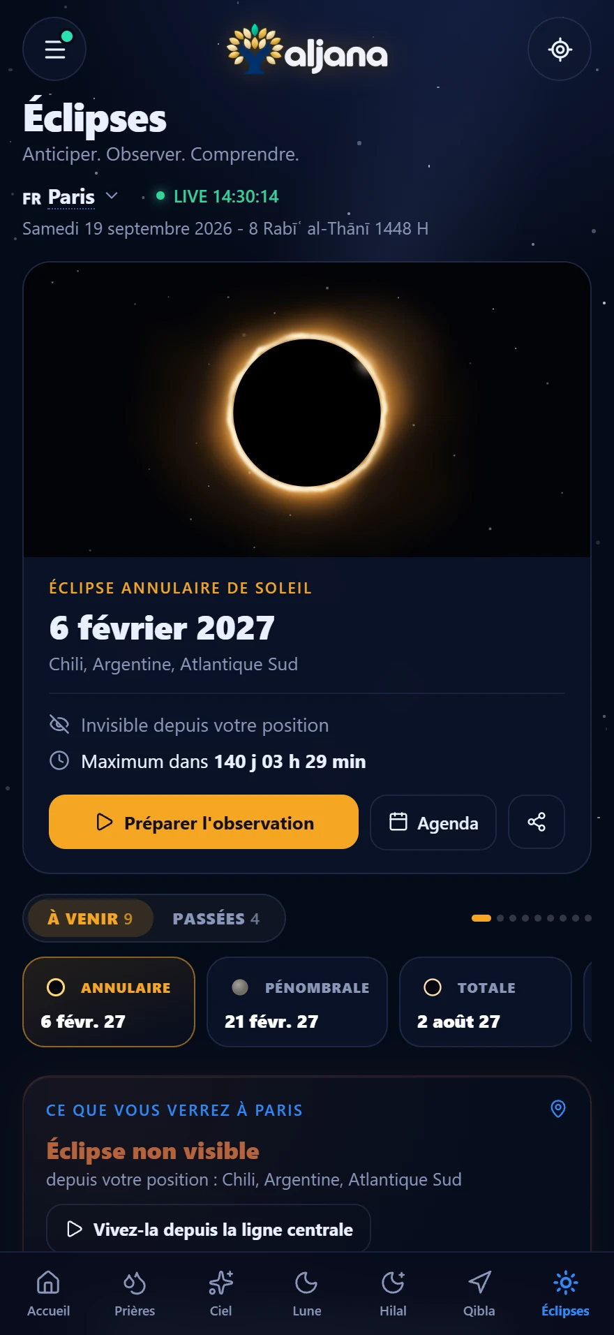 Écran Éclipses de l'application
