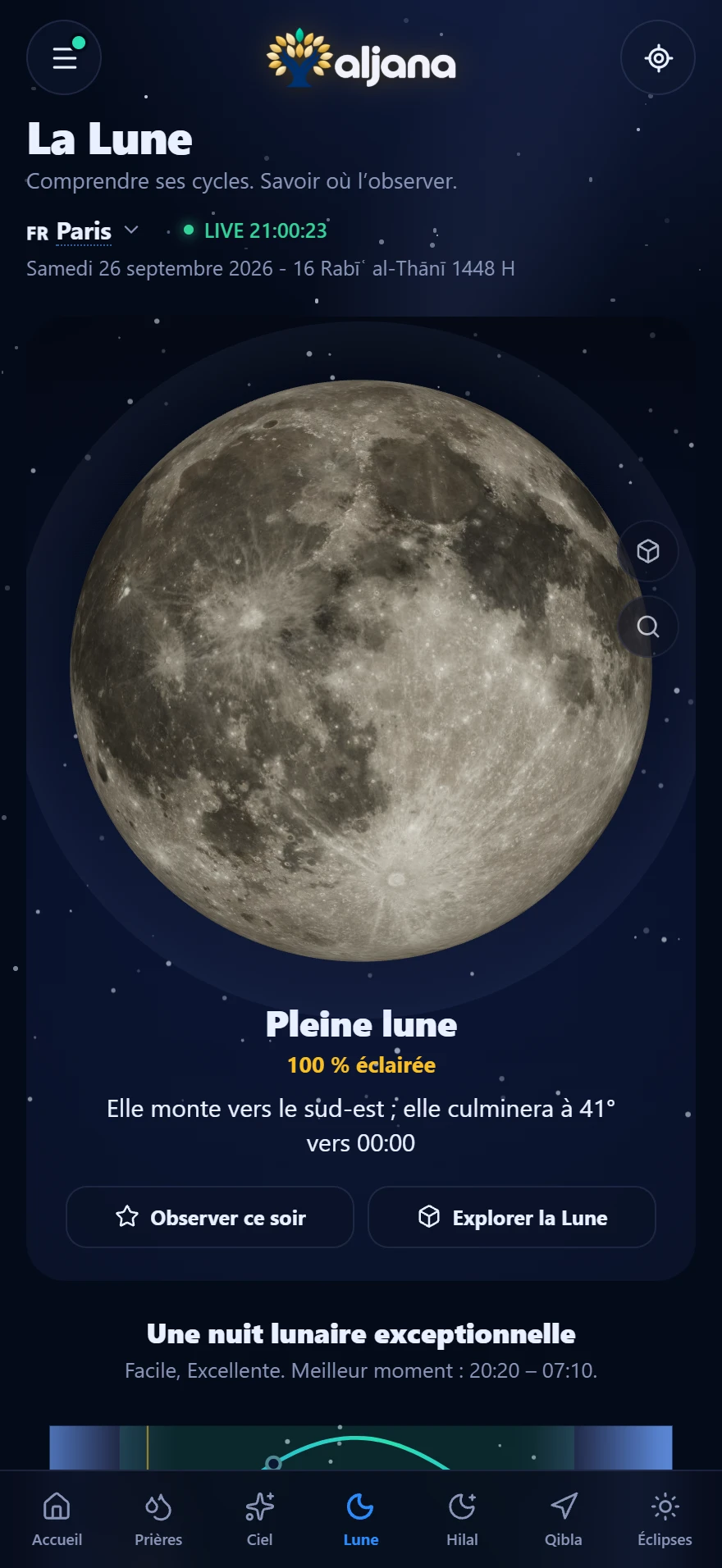Écran Lune de l'application