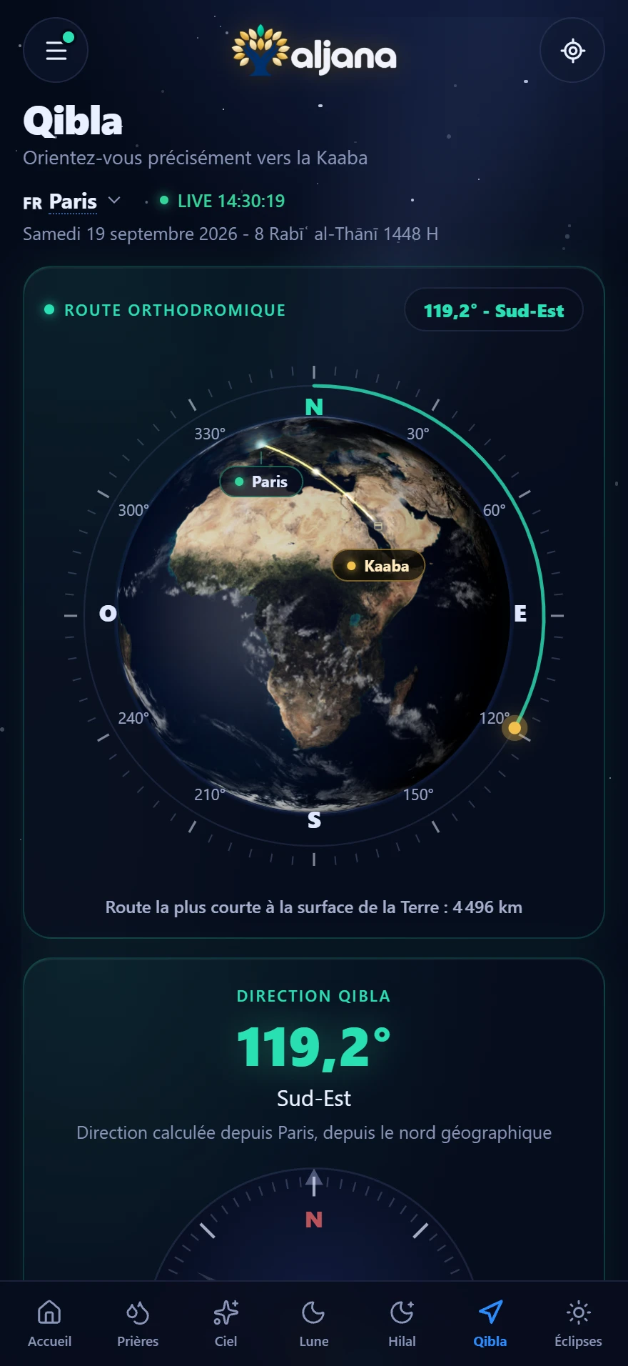 Écran Qibla de l'application